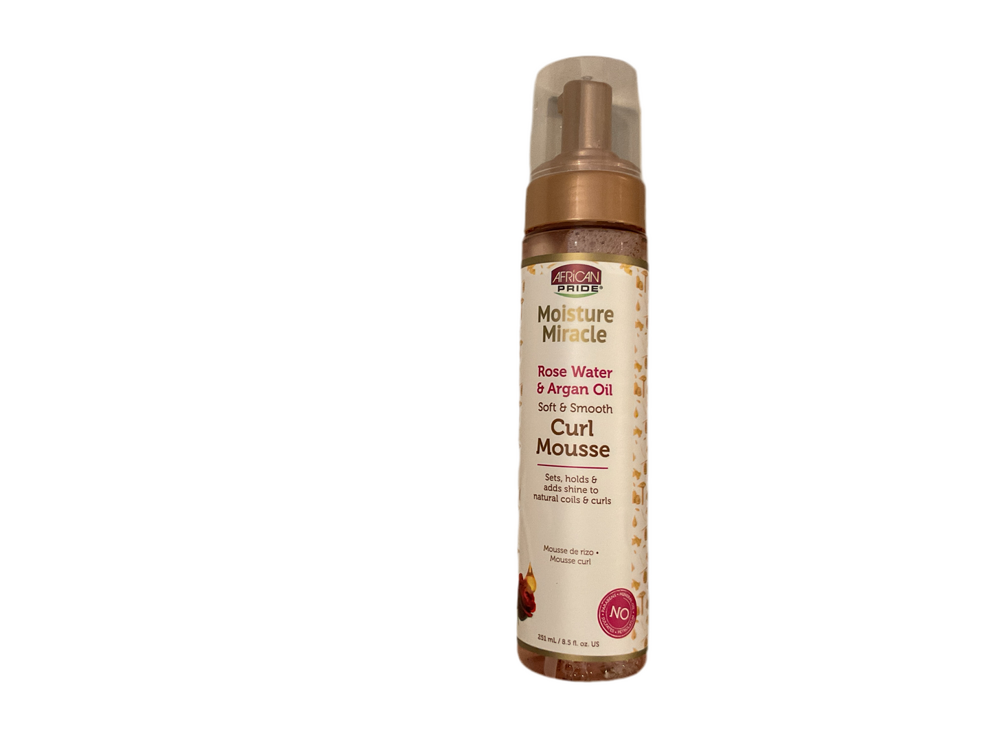 A bottle of African Pride Moisture Miracle Rose Water & Argan Oil Soft N Smooth Curl Mousse.