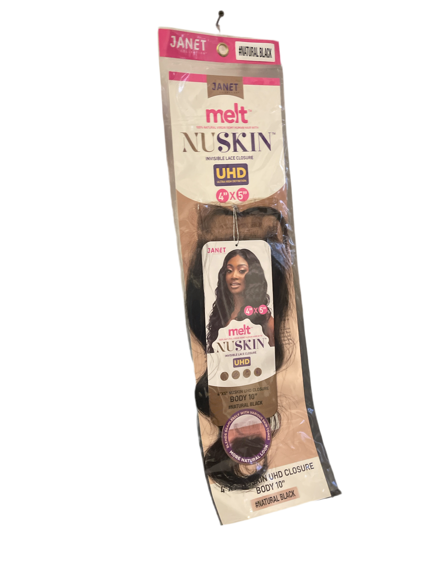 Janet Melt NU Skin Invisible Lace Closure, UHD 4"x5", natural black, body wave style, premium hair product.