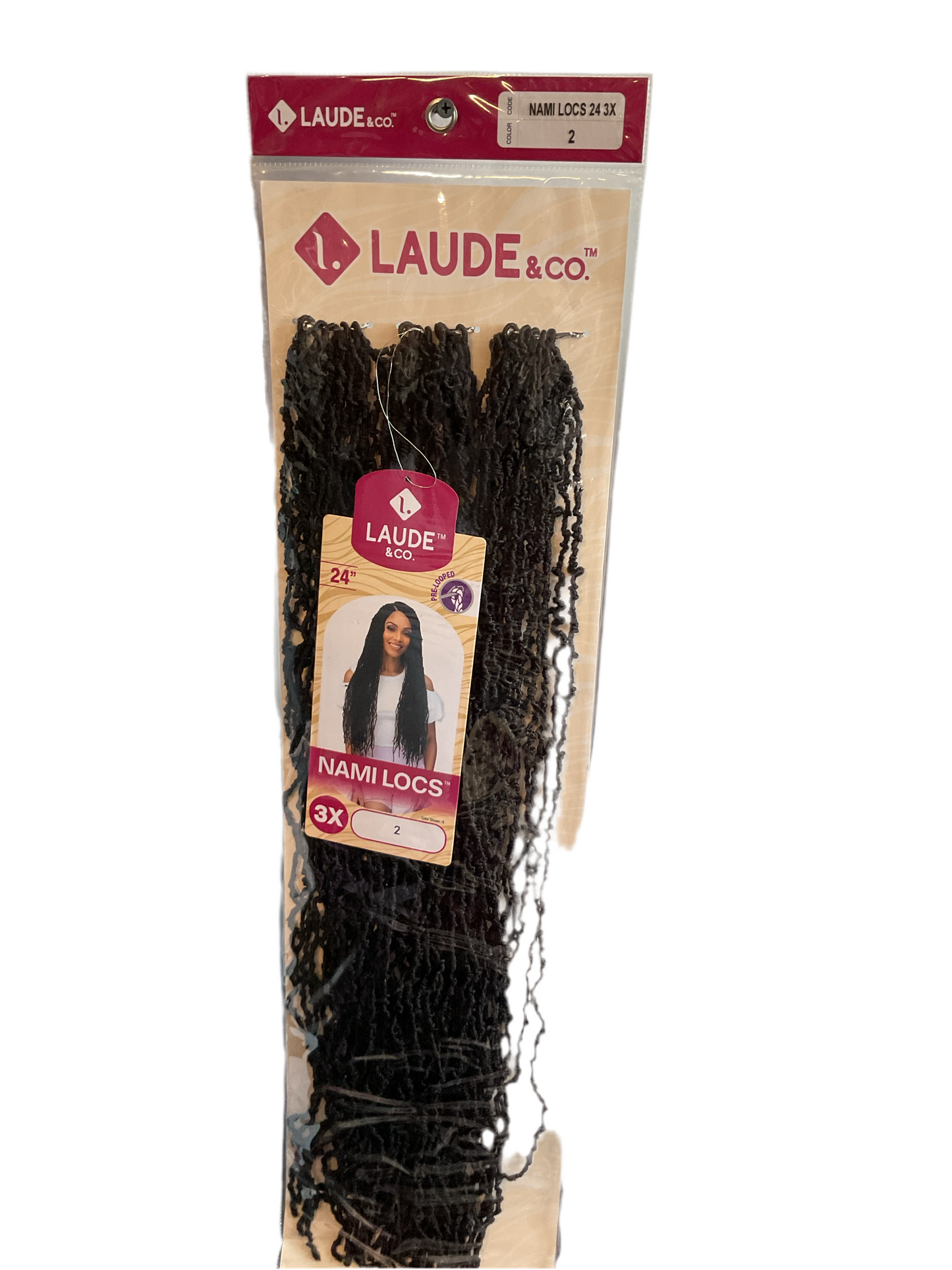 Laude Nami Pre Loop Locs 24” lightweight hair extensions in pack, perfect for stylish loc hairstyles.
