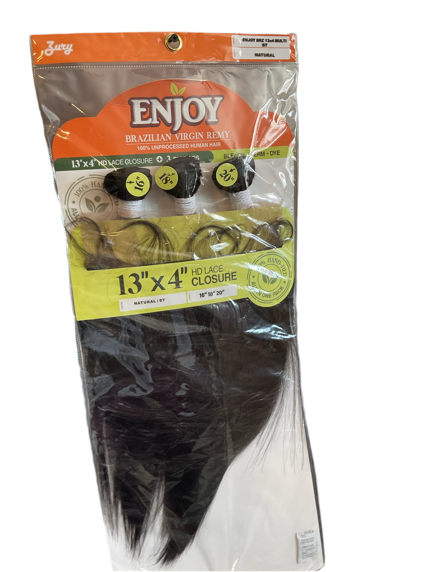 Zury Enjoy Brazilian Virgin Remy Hair Bundle with 13"x4" HD Closure packaging, perfect for styling and coloring.