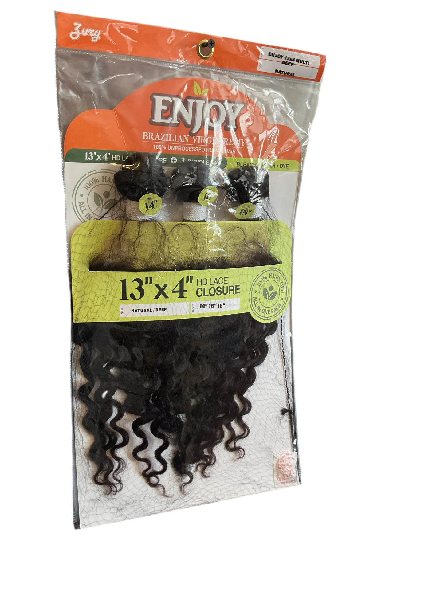 Zury Enjoy Brazilian Virgin Remy Human Hair Bundle with 13"x4" HD Closure, perfect for perming, bleaching, and dyeing.